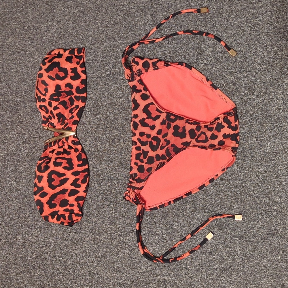 Dynamite Orange leopard print strapless bikini set
